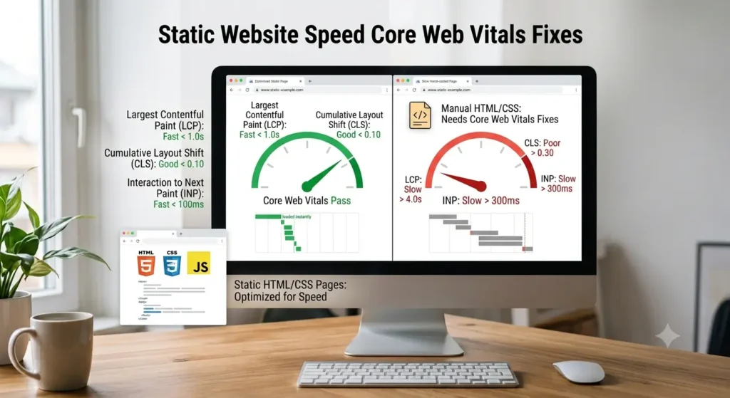 static website speed Core Web Vitals fixes for hand-coded HTML CSS pages