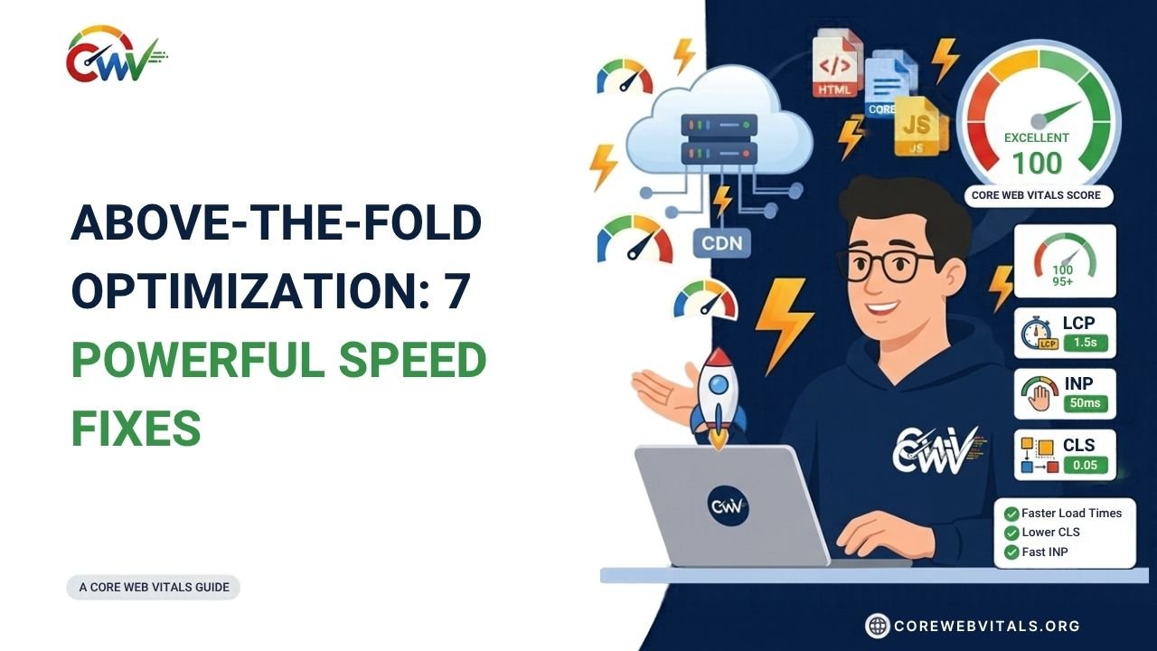 Above-the-fold optimization featuring 7 powerful speed fixes to prioritize visible content, reduce loading delays, improve LCP, and enhance website performance.