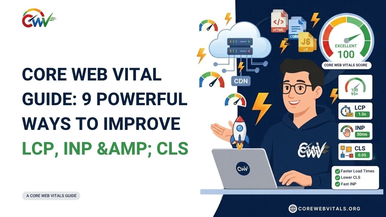 Core Web Vitals guide illustrating 9 powerful ways to improve LCP, INP, and CLS for faster loading, better responsiveness, and visual stability.