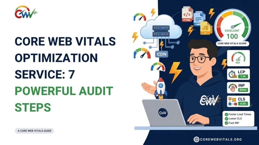 Core Web Vitals optimization service featuring 7 powerful audit steps to improve LCP, INP, and CLS, diagnose performance issues, and enhance website speed.