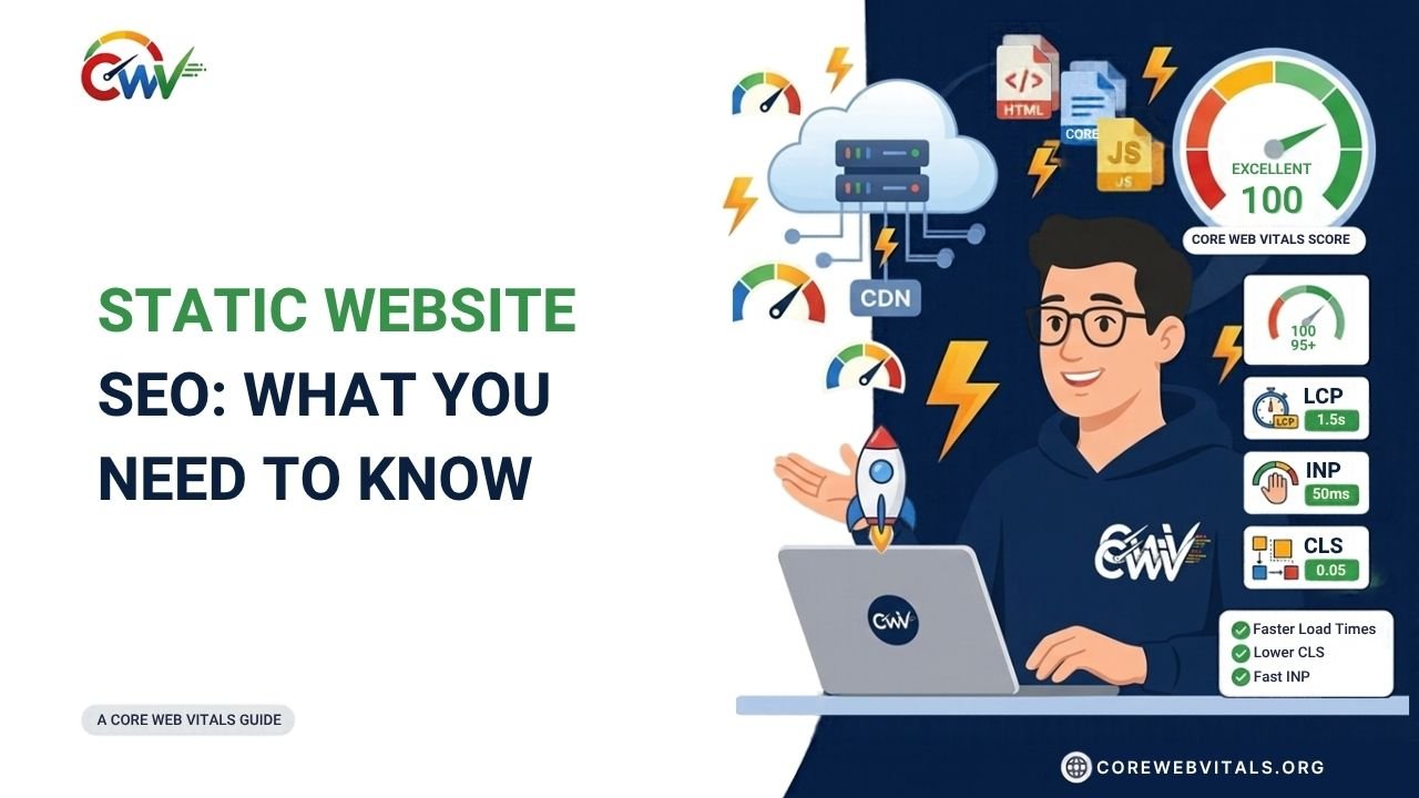 Static website SEO guide illustrating search engine optimization essentials, including fast loading speed, crawlability, metadata, structured content, and Core Web Vitals.