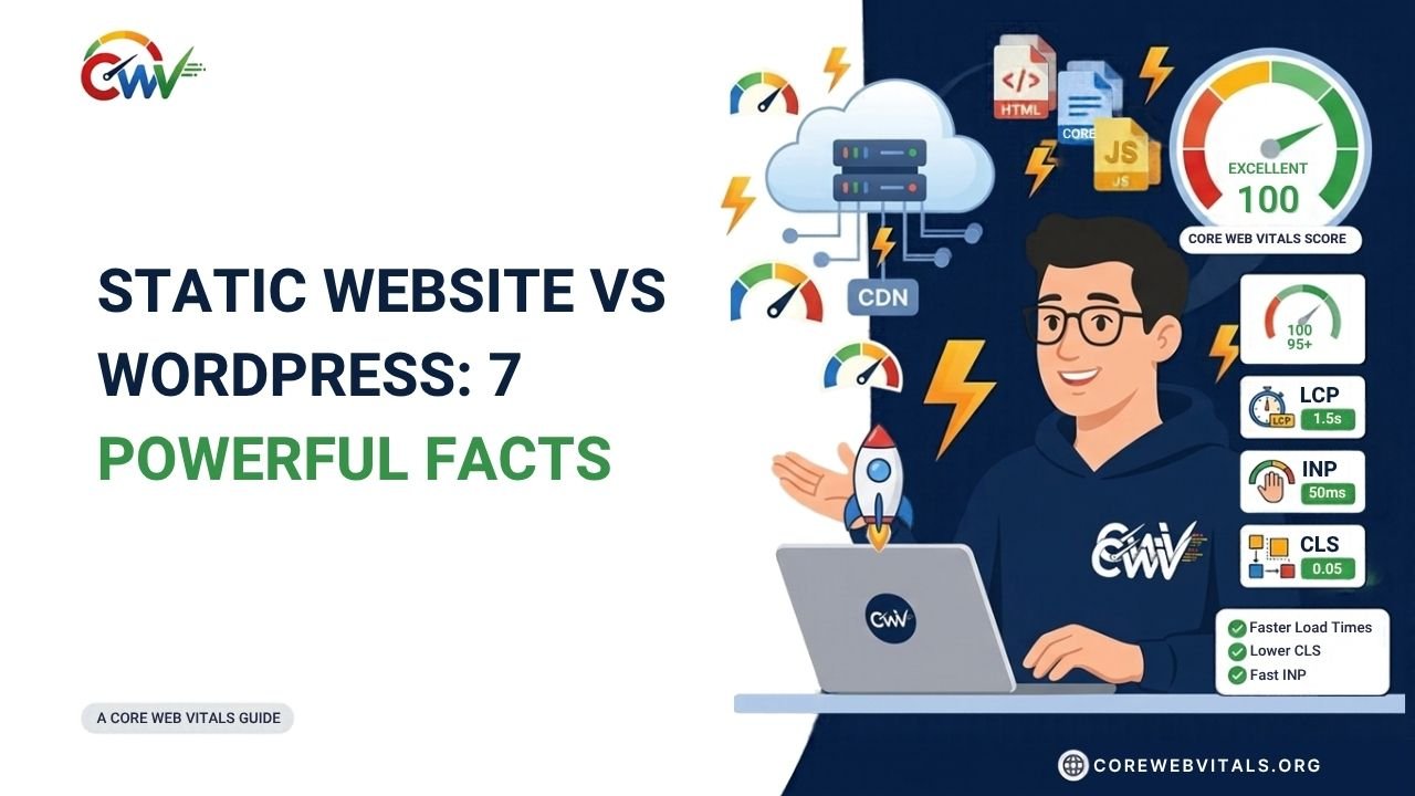 Static website vs WordPress comparison highlighting 7 powerful facts about website speed, security, maintenance, flexibility, hosting costs, and performance.