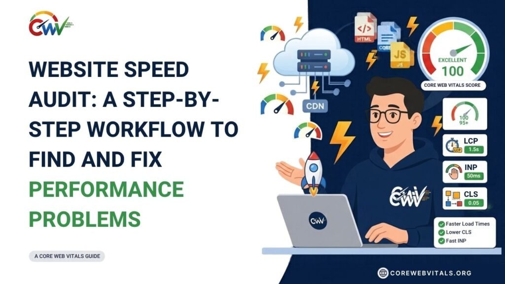 Website speed audit workflow illustrating step-by-step methods to identify performance issues, diagnose slow loading, fix bottlenecks, and improve Core Web Vitals.